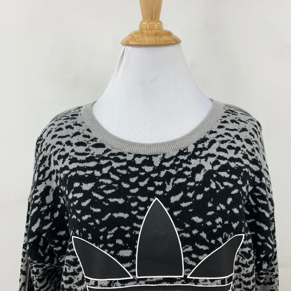 Adidas Sweater Womens XS Gray Black Helsinki Ice Print Cotton Knit Drop Shoulder